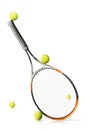 Tennis balls and racket isolated the white background