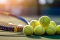 Tennis balls and a racket laying on the court