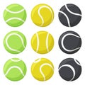 Tennis balls. Sport, fitness equipment, black, yellow and green tennis balls in various angles vector illustration set Royalty Free Stock Photo