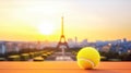 Tennis banner with yellow tennis ball on blurred sunset Paris cityscape background