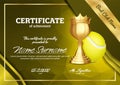 Tennis Certificate Diploma With Golden Cup Vector. Sport Graduation. Elegant Document. Luxury Paper. A4 Horizontal