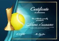 Tennis Certificate Diploma With Golden Cup Vector. Sport Vintage Appreciation. Modern Gift. Print Blank. A4 Horizontal