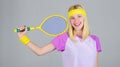 Tennis club concept. Girl adorable blonde play tennis. Sport for maintaining health. Active leisure and hobby. Athlete Royalty Free Stock Photo