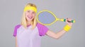 Tennis club concept. Girl adorable blonde play tennis. Sport for maintaining health. Active leisure and hobby. Athlete Royalty Free Stock Photo