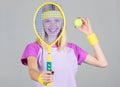 Tennis club concept. Tennis sport and entertainment. Active leisure and hobby. Girl fit slim blonde play tennis. Sport Royalty Free Stock Photo