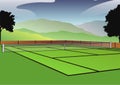 Illustration of tennis court with hills and mountains in background landscape. Image of playing ground for sports outdoors.