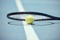 Tennis court ball, badminton bat and sports ground with racket silhouette, shadow and sunshine on training floor Royalty Free Stock Photo