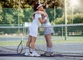 Tennis court, hug and people in outdoor park for success, thank you and love for the game, training or fitness in summer Royalty Free Stock Photo