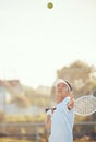 Tennis court, man and serve with ball in the air for athlete championship practice action. Focus, serious and dedicated