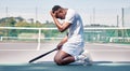 Tennis court, mistake and black man with depression, stress and mental health problem of anxiety after sports training