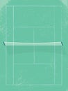 Tennis court vector illustration in modern vintage retro style. Grass surface with net in middle. Royalty Free Stock Photo