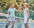 Tennis court, women and sports high five outdoor for fitness, exercise and training for competition. Happy friends at Royalty Free Stock Photo