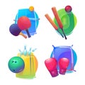 Tennis and cricket, bowling and boxing equipment icons or logo.