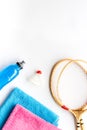 Tennis equipment - rockets, shuttlecock - on white background top-down frame copy space Royalty Free Stock Photo