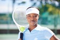 Tennis, face portrait and serious black woman on court ready for match, game or competition. Fitness, sports racket and Royalty Free Stock Photo