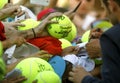 Tennis fans hold a ball