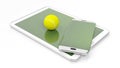 Tennis field with ball on smartphone edge and tablet display