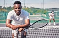 Tennis, fitness portrait or black man with smile for training, motivation or sport workout in tennis court. Athlete