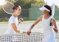 Tennis, friends and match in sports fitness and training for friendly game at the outdoor court. Happy women in sport Royalty Free Stock Photo