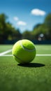 Tennis game in progress on a green court with a ball