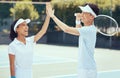 Tennis, high five and teamwork with athletes in training, workout and fitness sports activity on game court together Royalty Free Stock Photo