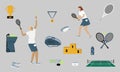 Tennis icon set in flat design style: man and woman players, racket, court, net, prize cup, medal, pedestal, bag, shoes, bottle Royalty Free Stock Photo