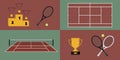 Tennis icon set in flat design style: racket, balls, court, net, prize cup, medal, pedestal, dark red clay field. Made in vector Royalty Free Stock Photo