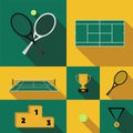 Tennis icon set in flat design style: racket, balls, court, net, prize cup, medal, pedestal, green grass or carpet field. Made in Royalty Free Stock Photo