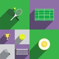 Tennis Icon Set in Flat Style with Rackets, Court