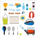 Tennis Icons Set Vector. Tennis Accessories. Yellow Ball, Racket, Net, Pouch. Isolated Flat Cartoon Illustration Royalty Free Stock Photo