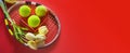 Tennis love layout on red background with tennis racket balls with bouquet white tulips flowers. International Women`s Day March 8 Royalty Free Stock Photo