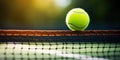 Tennis Match. Yellow Ball On Net on Tennis Court. Competitive Sport Background with Copy Space. AI generated Royalty Free Stock Photo