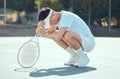 Tennis mistake, man focus and pray position of a athlete from China sad about sport match results. Fitness, training and