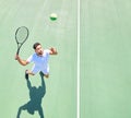 Tennis, mockup and serve with a sports man playing a game on a tennis court outoor from above. Fitness, sport and