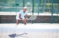 Tennis, outdoor match and black woman wait for sports ball serve with a racket on exercise court. Sport game, workout Royalty Free Stock Photo