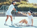 Tennis partnership, helping hand and sports fitness of man and woman show teamwork teamwork support. Exercise, training