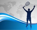 Tennis Player on Abstract Blue Background with Worl Map Royalty Free Stock Photo