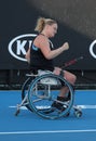 Tennis player Aniek Van Koot of Netherlands in action during Wheelchair Women`s Singles match at 2019 Australian Open in Melbourne