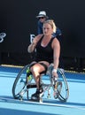 Tennis player Aniek Van Koot of Netherlands in action during Wheelchair Women`s Singles match at 2019 Australian Open in Melbourne