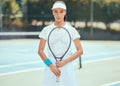 Tennis player, athlete and sports woman training and practising for a match of game with a racket on an outdoor court Royalty Free Stock Photo