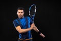 Tennis player banner on the black background. Tennis template for ads with copy space. Mockup for betting advertisement