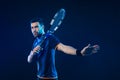 Tennis player banner on the black background. Tennis template for ads with copy space. Mockup for betting advertisement