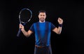 Tennis player banner on the black background. Tennis template for ads with copy space. Mockup for betting advertisement