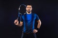 Tennis player banner on the black background. Tennis template for ads with copy space. Mockup for betting advertisement