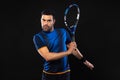 Tennis player banner on the black background. Tennis template for ads with copy space. Mockup for betting advertisement