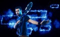 Tennis player banner. Neon lights on the background. Tennis template for ads with copy space. Mockup for betting