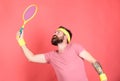 Tennis player beginner retro fashion. Concentrated on tennis court. Tennis sport and entertainment. Athlete hipster hold Royalty Free Stock Photo