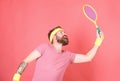 Tennis player beginner retro fashion. Concentrated on tennis court. Tennis sport and entertainment. Athlete hipster hold Royalty Free Stock Photo