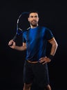 Tennis player on the black background. Tennis template for ads with copy space. Mockup for social media publication