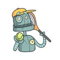 Tennis Player Blue Robot Cartoon Outlined Illustration With Cute Android And His Emotions